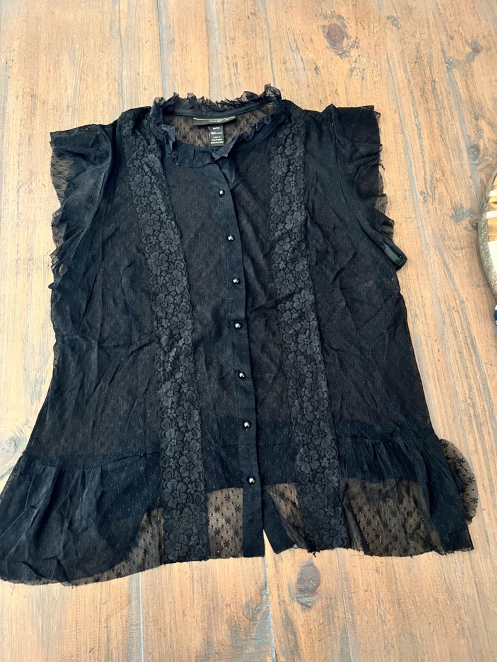 Venezia Sheer Lace-Trim Black Sleeveless Blouse